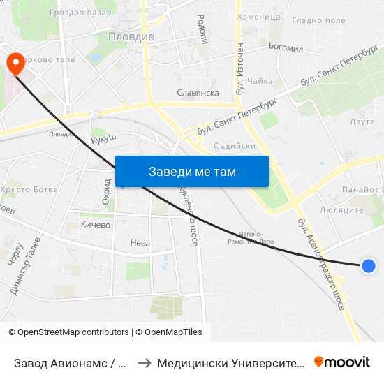 Завод Авионамс / Avionams Factory to Медицински Университет (Medical University) map