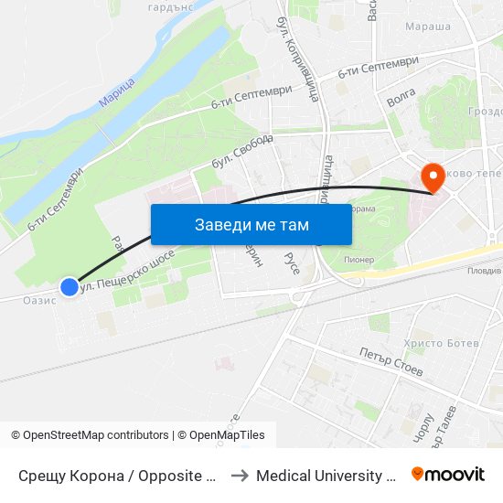 Срещу Корона / Opposite Crown (175) to Medical University of Plovdiv map
