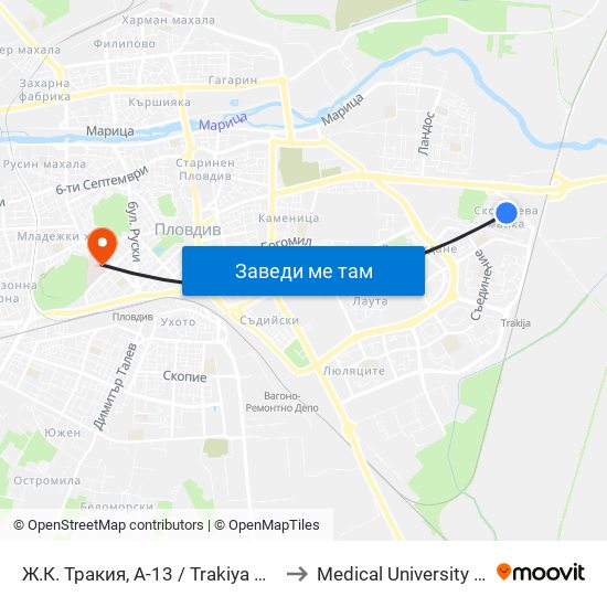 Ж.К. Тракия, А-13 / Trakiya Qr, A-13 (1009) to Medical University of Plovdiv map