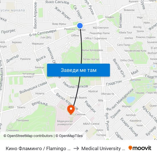 Кино Фламинго / Flamingo Cinema (117) to Medical University of Plovdiv map