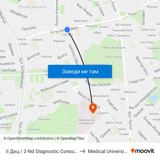 II Дкц / 2-Nd Diagnostic Consultative Center (116) to Medical University of Plovdiv map