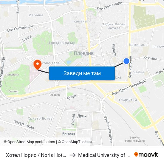 Хотел Норис / Noris Hotel (221) to Medical University of Plovdiv map