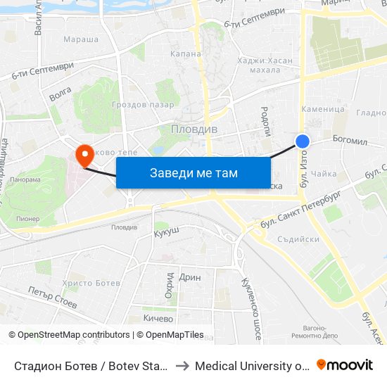 Стадион Ботев / Botev Stadium (259) to Medical University of Plovdiv map