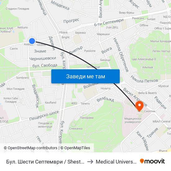 Бул. Шести Септември / Shesti Septemvri Blvd. (314) to Medical University of Plovdiv map