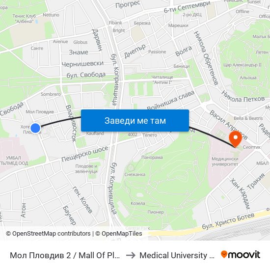 Мол Пловдив 2 / Mall Of Plovdiv 2 (243) to Medical University of Plovdiv map