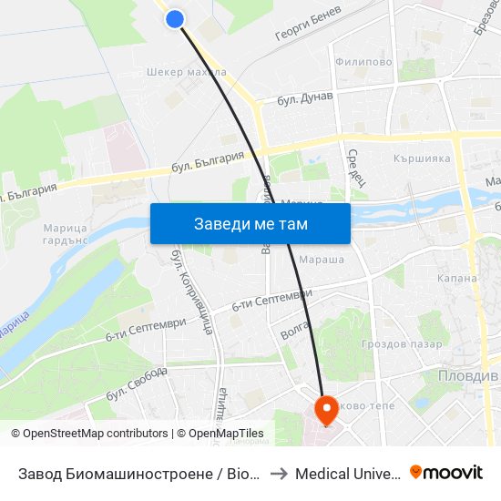Завод Биомашиностроене / Biomashinostroene Factory (1017) to Medical University of Plovdiv map