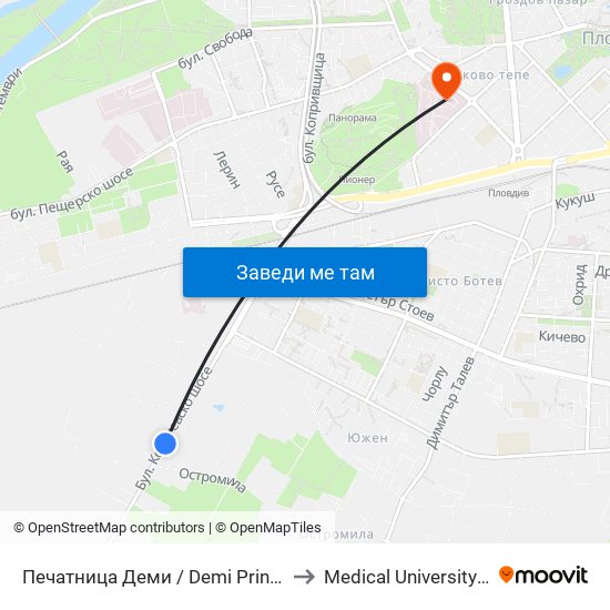 Печатница Деми / Demi Printing House (25) to Medical University of Plovdiv map