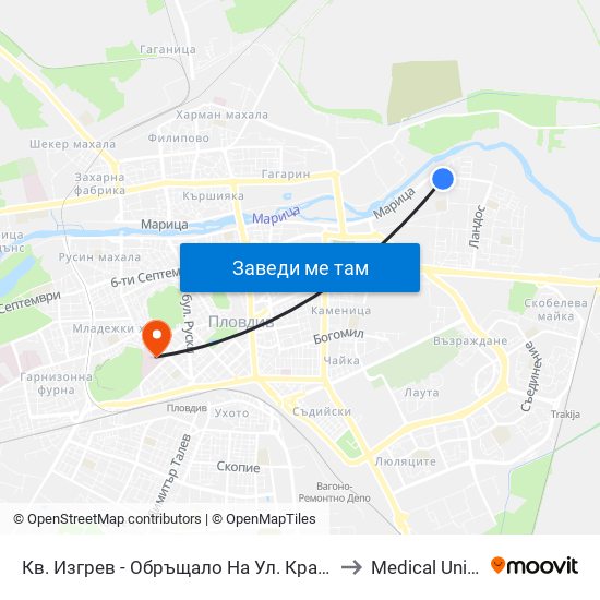 Кв. Изгрев - Обръщало На Ул. Крайна / Izgrev Qr. - Krayna St. Turn Spot (1008) to Medical University of Plovdiv map