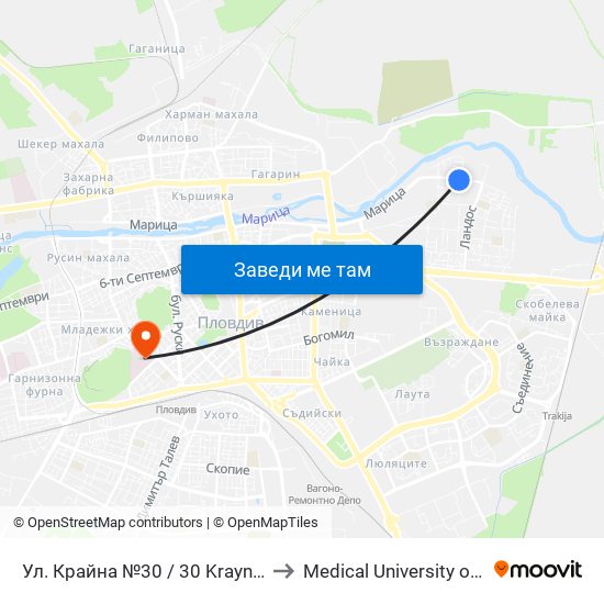 Ул. Крайна №30 / 30 Krayna St. (162) to Medical University of Plovdiv map