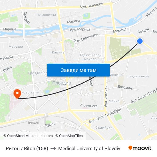 Ритон / Riton (158) to Medical University of Plovdiv map