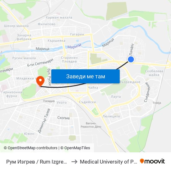 Рум Изгрев / Rum Izgrev (127) to Medical University of Plovdiv map