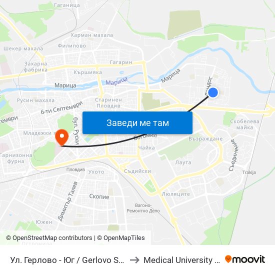 Ул. Герлово - Юг / Gerlovo St - South (398) to Medical University of Plovdiv map