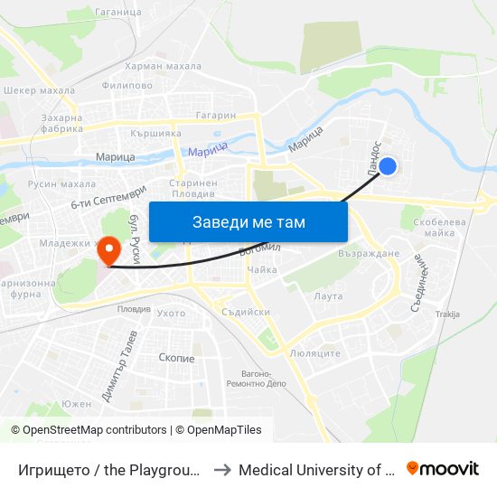 Игрището / the Playground (128) to Medical University of Plovdiv map