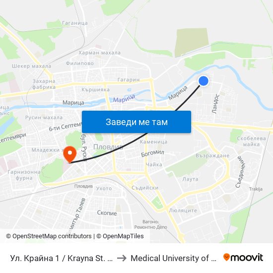 Ул. Крайна 1 / Krayna St. 1 (429) to Medical University of Plovdiv map