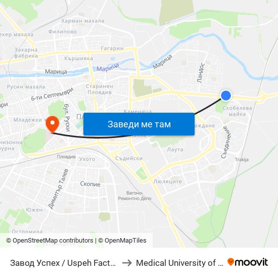 Завод Успех / Uspeh Factory (342) to Medical University of Plovdiv map