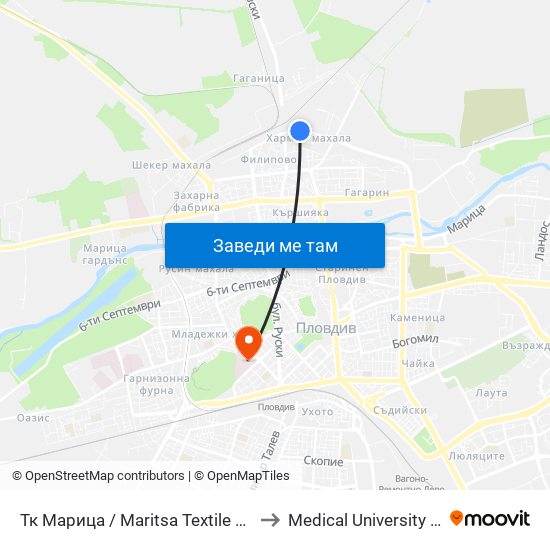 Тк Марица / Maritsa Textile Factory (1005) to Medical University of Plovdiv map