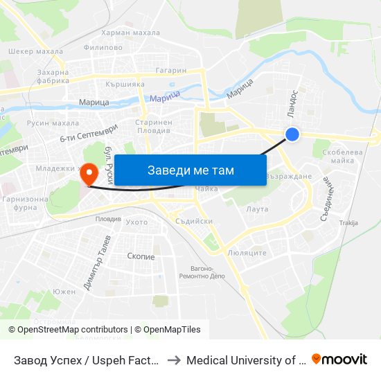 Завод Успех / Uspeh Factory (347) to Medical University of Plovdiv map