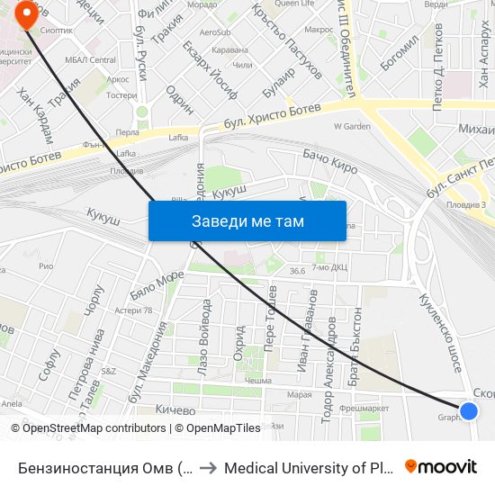 Бензиностанция Омв (346) to Medical University of Plovdiv map