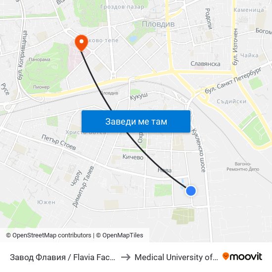 Завод Флавия / Flavia Factory (325) to Medical University of Plovdiv map