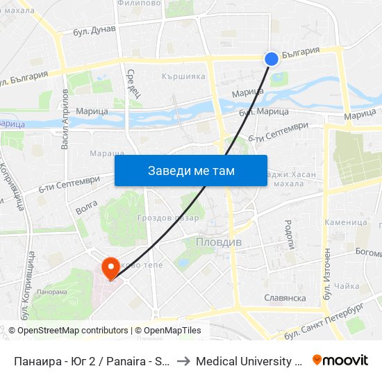 Панаира - Юг 2 / Panaira - South 2 (208) to Medical University of Plovdiv map
