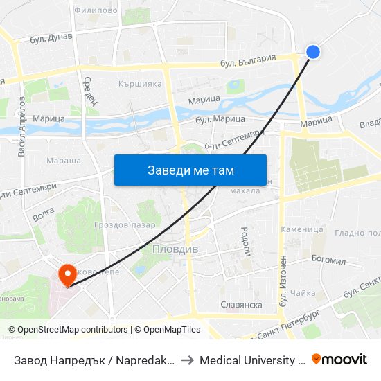 Завод Напредък / Napredak Factory (210) to Medical University of Plovdiv map
