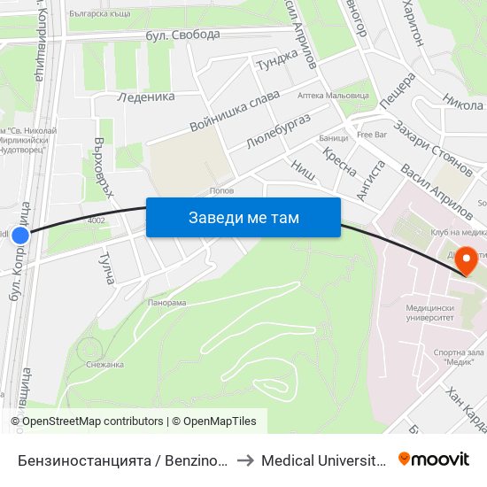 Бензиностанцията / Benzinostantsiyata (388) to Medical University of Plovdiv map