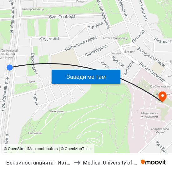 Бензиностанцията - Изток (439) to Medical University of Plovdiv map