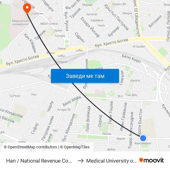 Нап / National Revenue Company (379) to Medical University of Plovdiv map