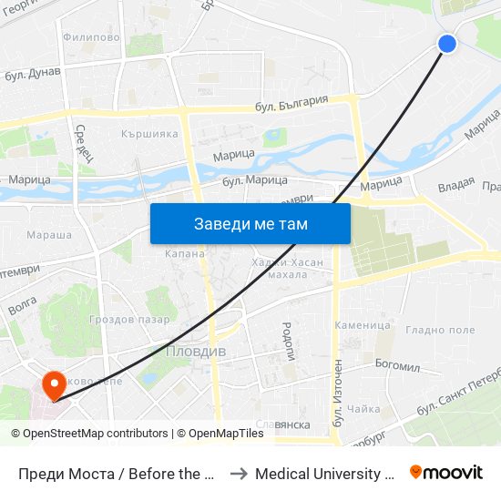 Преди Моста / Before the Bridge (212) to Medical University of Plovdiv map