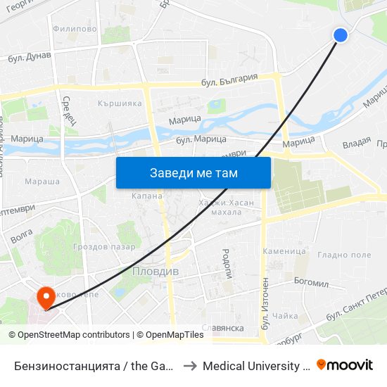 Бензиностанцията / the Gas Station (181) to Medical University of Plovdiv map
