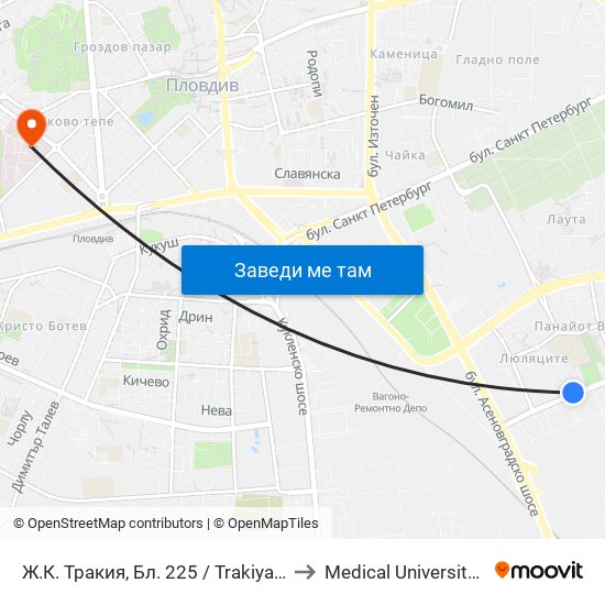 Ж.К. Тракия, Бл. 225 / Trakiya Qr, Bl. 225 (403) to Medical University of Plovdiv map