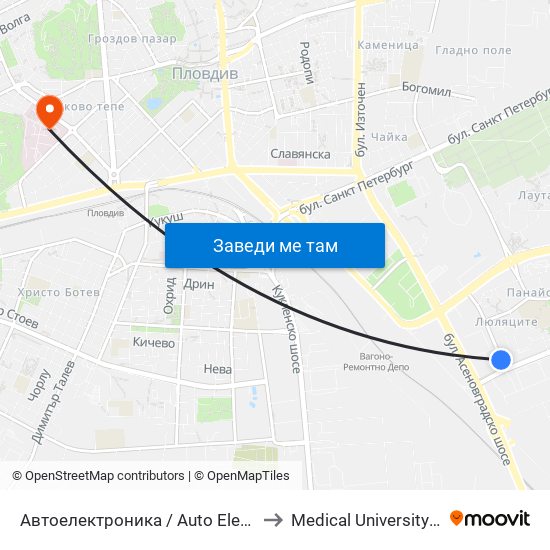 Автоелектроника / Auto Electronics (1028) to Medical University of Plovdiv map