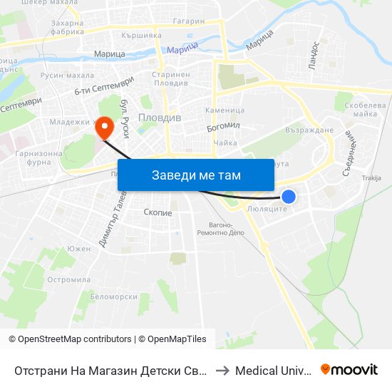 Отстрани На Магазин Детски Свят / Side by Detski Svyat Store (255) to Medical University of Plovdiv map