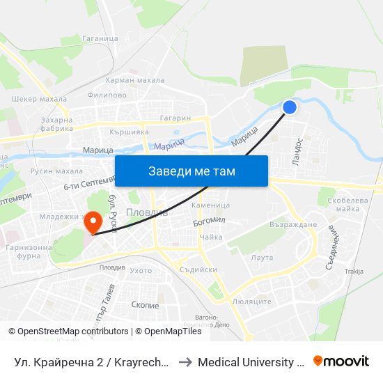 Ул. Крайречна 2 / Krayrechna St. 2 (410) to Medical University of Plovdiv map