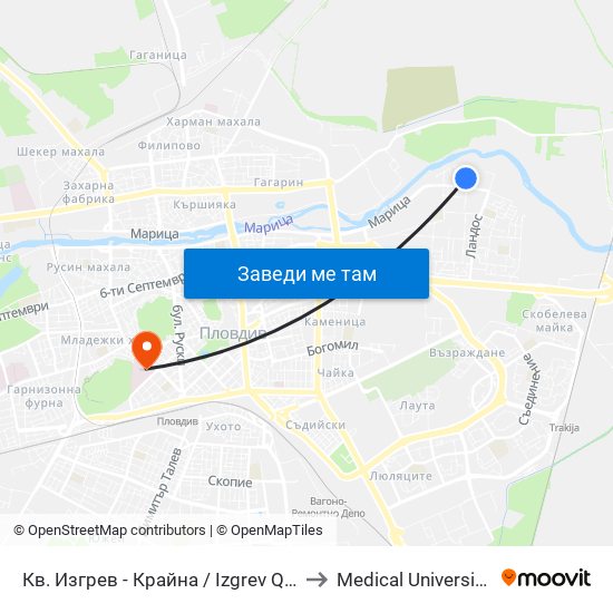 Кв. Изгрев - Крайна / Izgrev Qr - Last Stop (1029) to Medical University of Plovdiv map