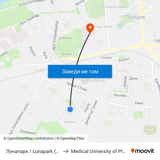 Лунапарк / Lunapark (319) to Medical University of Plovdiv map