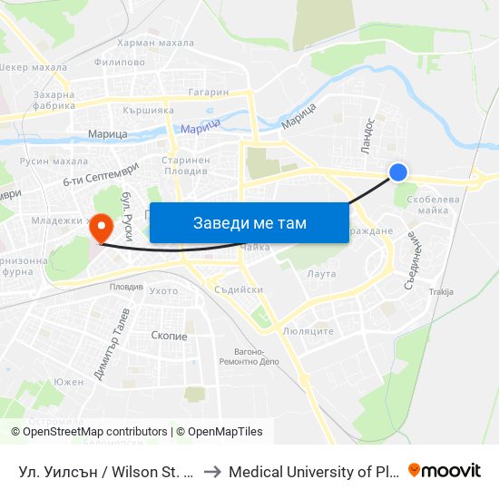 Ул. Уилсън / Wilson St. (395) to Medical University of Plovdiv map