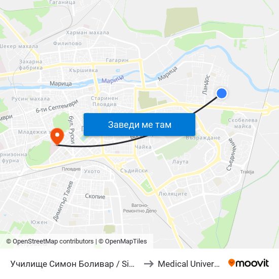 Училище Симон Боливар / Simon Bolivar School (129) to Medical University of Plovdiv map