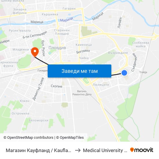 Магазин Кауфланд / Kaufland Store (391) to Medical University of Plovdiv map