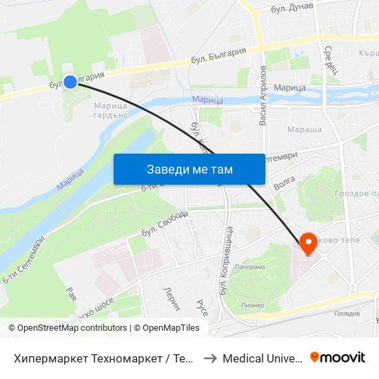 Хипермаркет Техномаркет / Technomarket Hypermarket (336) to Medical University of Plovdiv map