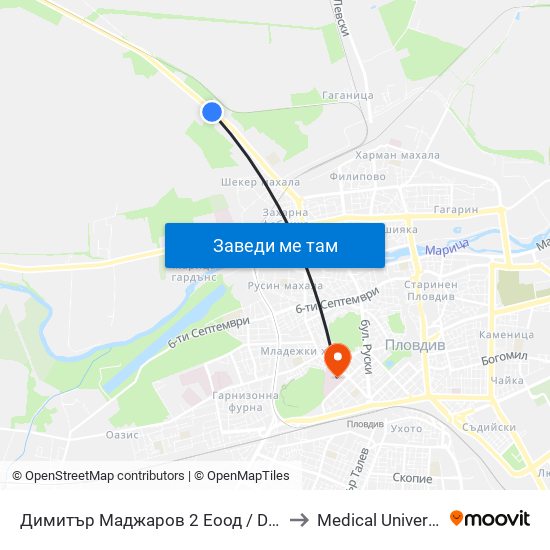 Димитър Маджаров 2 Еоод / Dimitar Madjarov 2 Ltd (474) to Medical University of Plovdiv map