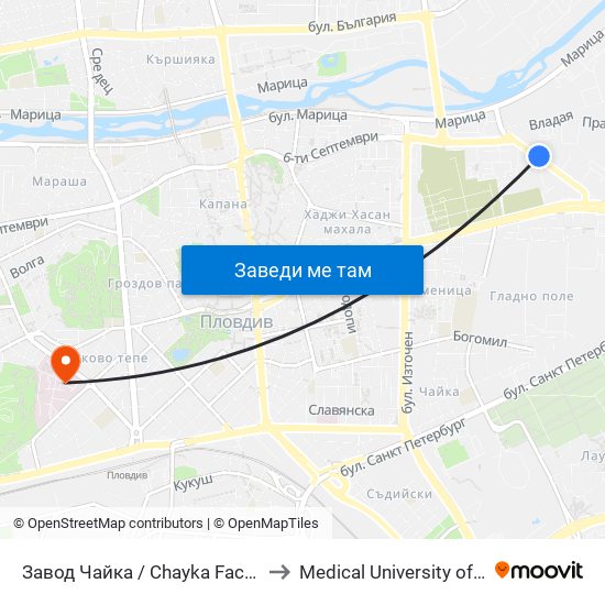 Завод Чайка / Chayka Factory (165) to Medical University of Plovdiv map
