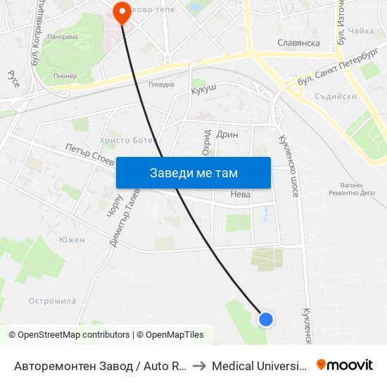 Авторемонтен Завод / Auto Repair Factory (472) to Medical University of Plovdiv map