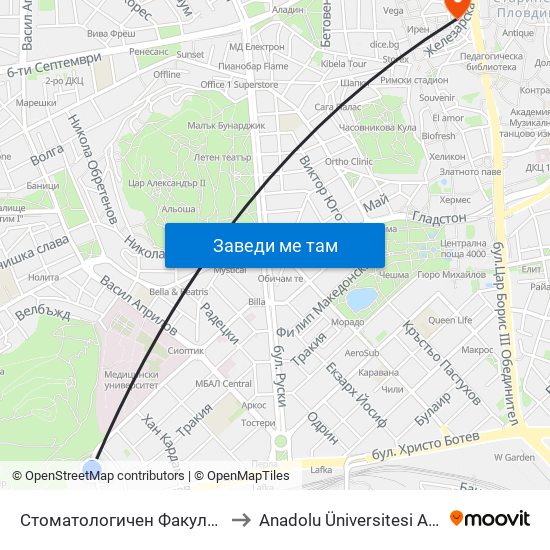 Стоматологичен Факултет / Faculty Of Dentistry to Anadolu Üniversitesi AÖF Bulgaristan bürosu map
