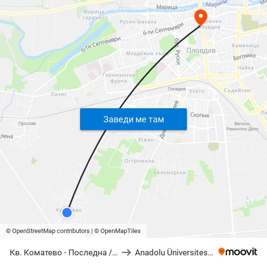 Кв. Коматево - Последна / Komatevo Qr. - Last Stop (1000) to Anadolu Üniversitesi AÖF Bulgaristan bürosu map