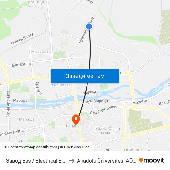 Завод Еаз / Electrical Equipment Plant (226) to Anadolu Üniversitesi AÖF Bulgaristan bürosu map