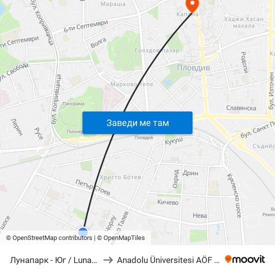 Лунапарк - Юг / Lunapark - South (20) to Anadolu Üniversitesi AÖF Bulgaristan bürosu map