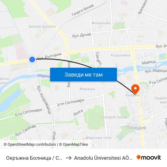 Окръжна Болница / County Hospital (94) to Anadolu Üniversitesi AÖF Bulgaristan bürosu map