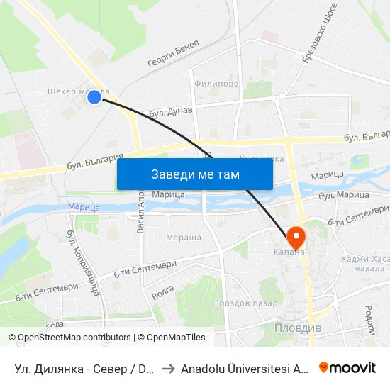 Ул. Дилянка - Север / Dilyanka St - North (269) to Anadolu Üniversitesi AÖF Bulgaristan bürosu map