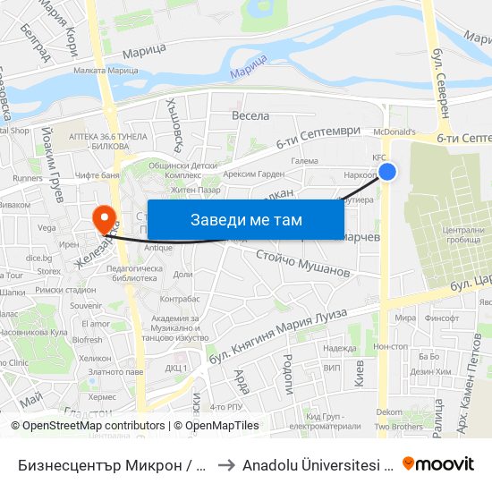 Бизнесцентър Микрон / Mikron Business Centre (353) to Anadolu Üniversitesi AÖF Bulgaristan bürosu map